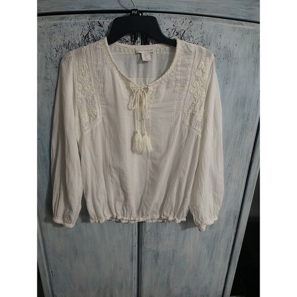 House Of Harlow Embroidered Tassel Top Small Cream Boho Cottage Core Beachy - Picture 1 of 14